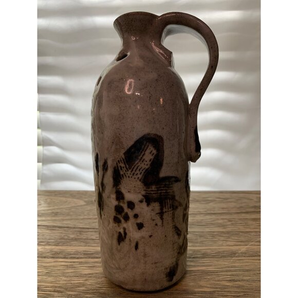 Signed J. Borrem Handmade Ceramic Jug Vase with Handle Abstract Black Design - Picture 2 of 5